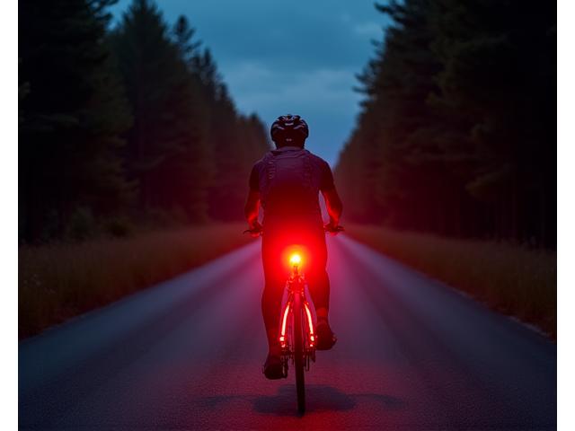 Cyclist from behind at night, showing bright red taillight and multiple reflective tape strips glowing on bike and person