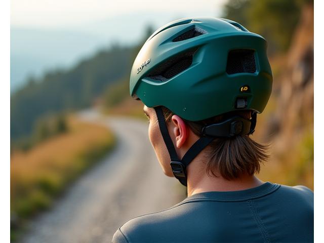 Adventure cyclist wearing a lightweight, ventilated bike helmet, looking confidently ahead on a mountain road.